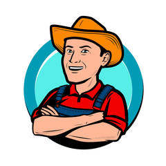 Happy farmer in hat cartoon. Agriculture, farm logo vector illustration