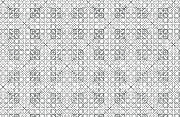 Black outlines of squares and circle segments in an intricate repeating pattern, vector illustration geometric design