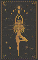 girl in a tree pose, mystic illustration with moon phases, tarot cards, yoga meditation - obrazy, fototapety, plakaty