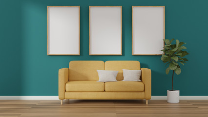 Interior photo poster mock up frame and yellow sofa chair near by window