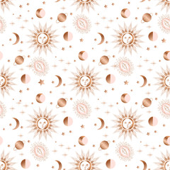 seamless pattern with sun, moon, stars and crystals, golden, pink and white color