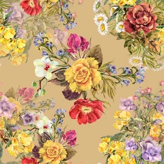 Rolgordijnen Watercolor bouquet different flowers with leaves on blue background. Seamless pattern for fabric. © Olga Kleshchenko
