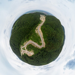 360 spherical panorama of aerial top vew of winding road in the mountains, Altai Krai, Western...