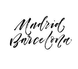 Fototapeta na wymiar Madrid, Barcelona card. Hand drawn brush style modern calligraphy. Vector illustration of handwritten lettering. 