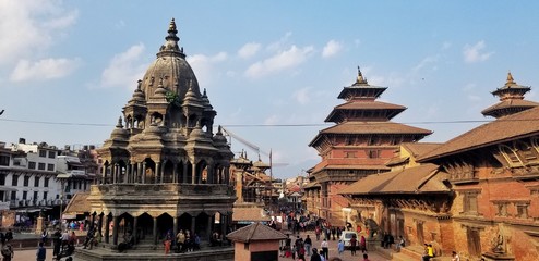 Kathmandu, Nepal - Patan Durbar Square, UNESCO World Heritage Site,  busy streets of Kathmandu, crowded sightseeing touristic place
