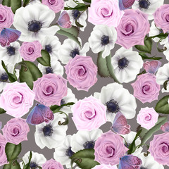 Beautiful colorful pattern with roses and anemone flowers, leaves. 