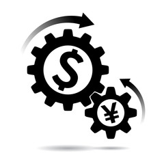 Links between industrial businesses, Which has a Mechanical gear icon dollar and yuan symbol. Black silhouette on a white background. Vector illustration.