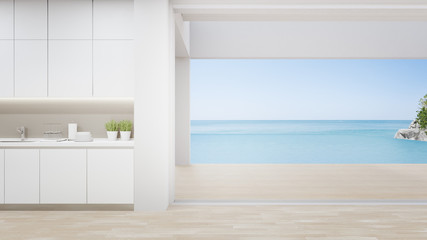 Cabinet of modern kitchen in luxury beach house. Home interior 3d rendering with empty wooden floor and sea view.