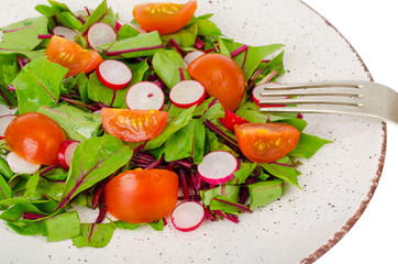 Healthy nutrition. light salad of beetroot leaves, radish and cherry tomatoes