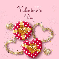 Valentines Day background with heart-shaped gift boxes and stylized hearts made of golden confetti. Greeting card, party invitation or sale banner template