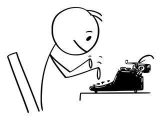 Vector cartoon stick figure drawing conceptual illustration of man, journalist, author or novelist typing on antique typewriter machine.