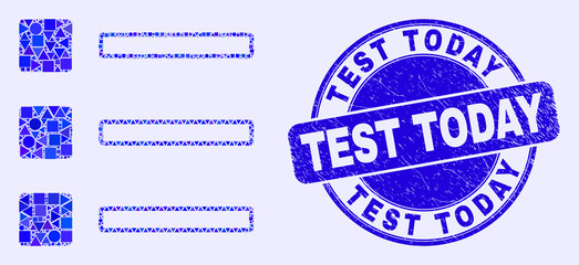 Geometric list items mosaic pictogram and Test Today seal. Blue vector rounded grunge seal with Test Today caption. Abstract concept of list items created of spheric, triangles,