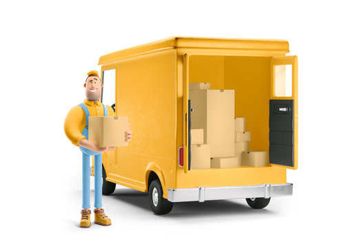 Truck delivery service and transportation. 3d illustration. Cartoon yellow car with driver character.