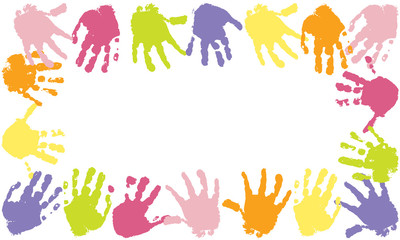 Colorful frame of prints of kids palms of hands, vector illustration.
