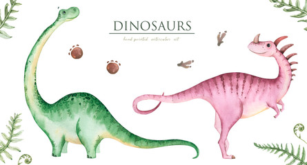 Hand painted watercolor cute dinosaurs, isolated on white background. The illustration is perfect for creating postcards,printed fabrics, packaging and DIY design.