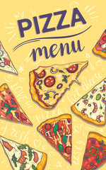 Pizza menu. Vertical banner/ template. Hand drawn vector illustration