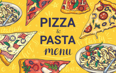 Pizza and pasta menu. Horizontal banner / template. Hand drawn vector illustration
