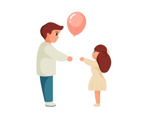 Little boy giving helium balloon to little girl. Pair of kindness little  friends. Children cartoon characters. Vector illustration