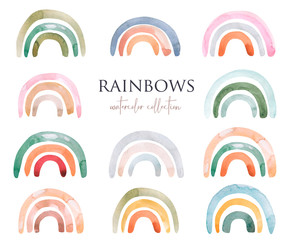 Hand painted watercolor rainbow collection isolated on white background.