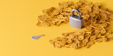 Keys are scattered around the padlock, concept of privacy, problem solving, solutions and correct answer. 3d rendering