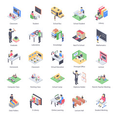 
Teacher Children and School Isometric Icons Pack 
