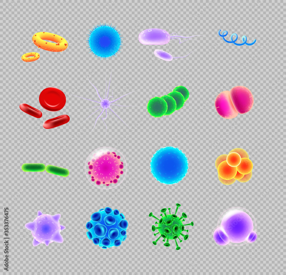 Poster bacteria and virus realistic vector icons set. pathogen illustrations. blood cells. 3d isolated colo