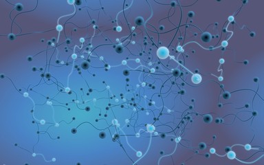Neural network. Social network. Futuristic blue background. Abstract molecule, cell illustration, mycelium. Hi tech purple background. 3D illustration