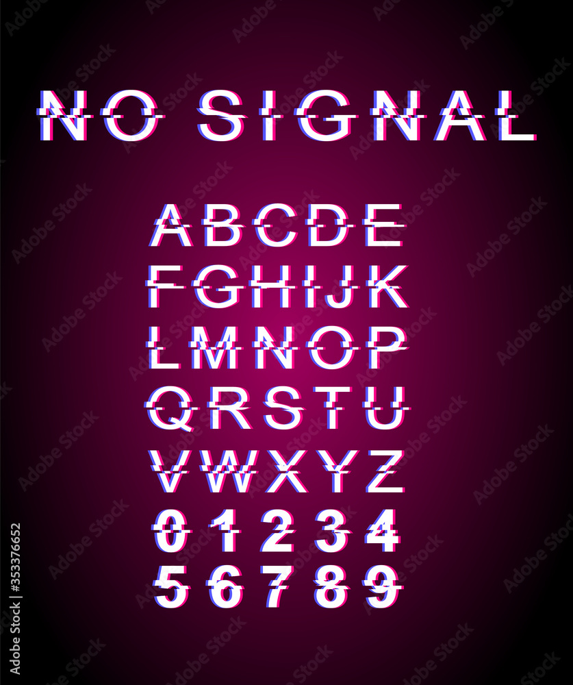 Poster no signal glitch font template. retro futuristic style vector alphabet set on pink background. capit