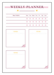 Cute weekly planner minimalist planner page design. Timetable to schedule event. Check goal, write note. Daily task bullet journal printable sheet. Personal organizer. Notebook vector template