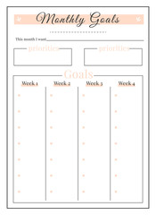 Month goals minimalist planner page design. Priorities memo box. Write daily achievement. Wish and resolution. Weekly tasks bullet journal printable sheet. Personal organizer. Notebook vector template