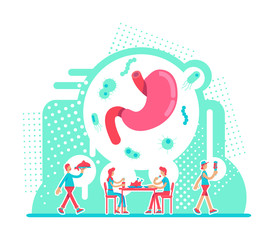 Stomach health care flat concept vector illustration. Nutritious diet for male and female digestive system. Healthy lifestyle 2D cartoon characters for web design. Physical wellness creative idea