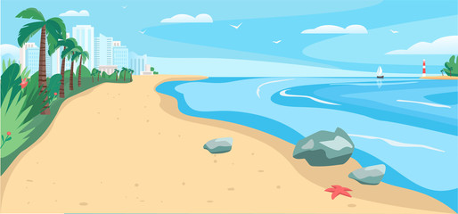 Sandy beach and sea flat color vector illustration. Tropical seaside resort. Summer vacation. Coastline with skyscrapers and exotic palm trees. Seashore 2D cartoon landscape with city on background