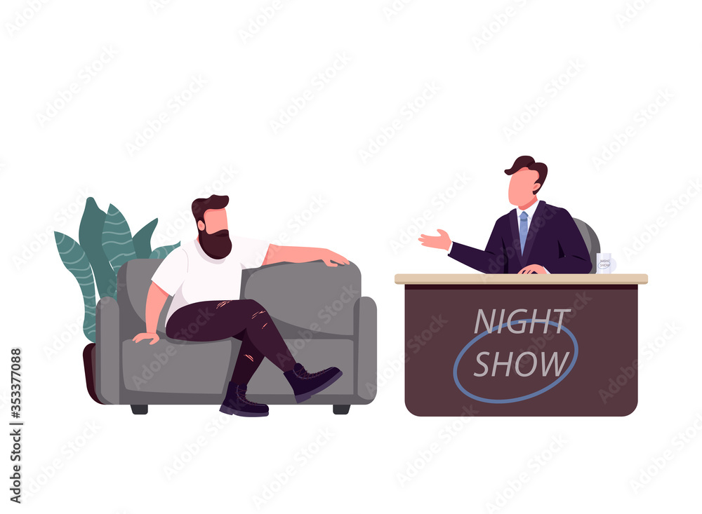 Poster talk show host and guest flat color vector faceless characters. chat show, live interview isolated c