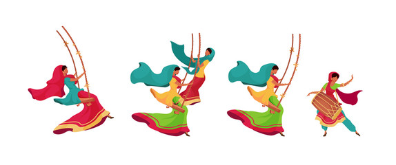 Fototapeta premium Teej celebration flat color vector faceless characters set. Woman in saree on swing. Female in ethnic dress with drum. Traditional indian holiday isolated cartoon illustrations on white background