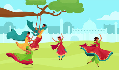 Teej celebration flat color vector illustration. Traditional religious ceremony. Female in sari on swing. Hindu ritual. Indian woman 2D cartoon characters with cityscape on background