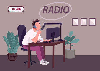 Radio podcast show flat color vector illustration. Professional radio DJ, news host 2D cartoon character with recording studio on background. Public live broadcast, entertainment program on air
