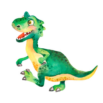 Watercolor childish illustration of a green ceratosaurus dinosaur, funny dinosaur, big-head dinosaur, baby dino, cartoon dino, cute dinosaur, jurassic, cartoon character, tyrannosaurus rex for kids