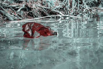 Ecology water. Trash plastic rubbish in ocean, marine beach. Waste garbage in sea and environment....