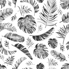 Pattern with beautiful watercolor tropical leaves. Tropics. Realistic tropical leaves. In black and white style. - 353378008