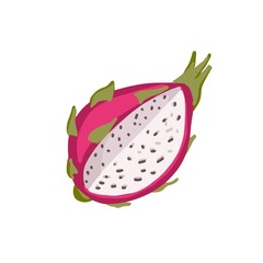 Cut in half dragon fruit isolated on the white background. Tropical white juicy dragon fruit with seeds. Summer fruits for healthy lifestyle. Organic food. Cartoon