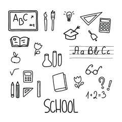 School icons with lettering. Hand draw vector line illustration. The set consists of School board, brushes, pencils, books, light bulb, apple, handwritten letters and more.