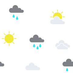 Seamless pattern of weather icons. Sun, clouds & rain clouds. Repetitive pattern.