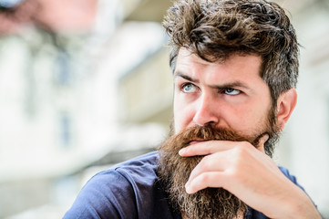Bearded man concentrated face. Thoughtful mood concept. Making important choices. Man with beard...