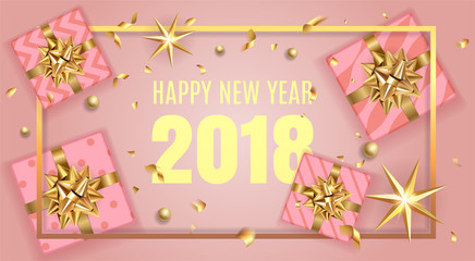 Happy New Year 2018 elegant pink background template with gold Christmas gift box present and confetti with sparkle, text and shine lights. Rich, VIP, luxury Gold and pink colors. Vector illustration