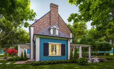 3d rendering of modern cozy classic house in colonial style with garage and pool for sale or rent with beautiful landscaping on background. Clear summer evening with cozy light from window