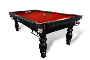 billiard table with balls and cue isolated on white background