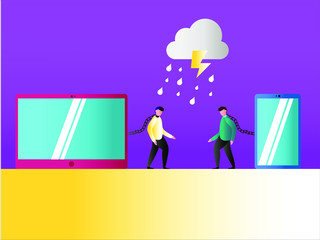 Gadget addiction vector concept: Two men characters are chained to their laptop and mobile phone