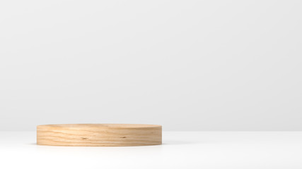 Showcase wooden pedestal for display, platform for design, blank product stand with empty room. Cylinder shape 3d rendering wooden pedestal isolated on white background, mockup template for product