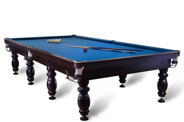 billiard table with balls and cue isolated on white background