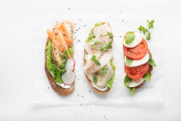 sandwiches with ham, radish, romano salad, baby basil, mascarpone cheese, caprese salad on a white background. top view.